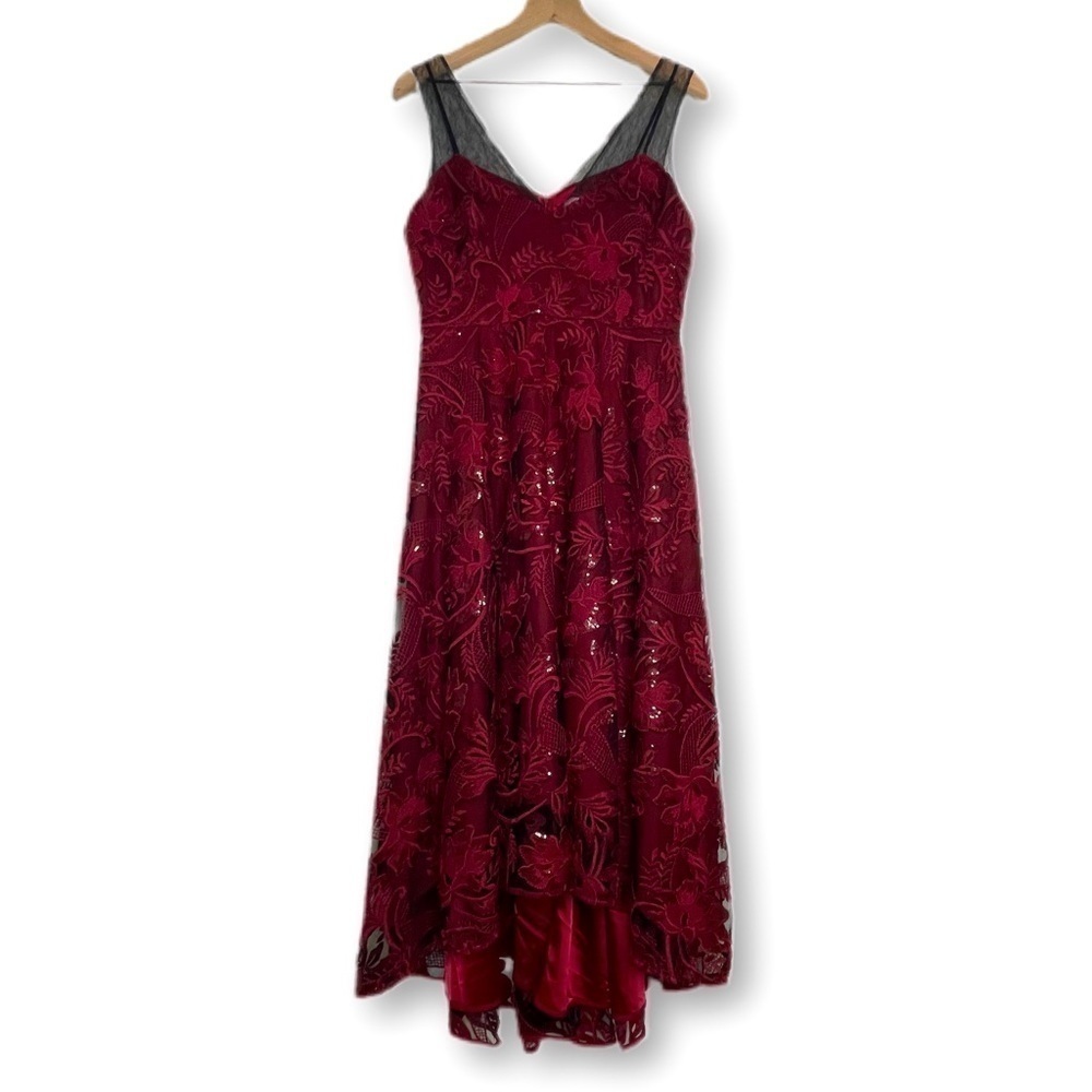 Belle by Badgley Mischka Wine Lace Overlay Dress